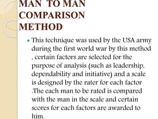 MAN TO MAN
COMPARISON
METHOD
 This technique was used by the USA army
during the first world war by this method
, certain factors are selected for the
purpose of analysis (such as leadership,
dependability and initiative) and a scale
is designed by the rater for each factor
.The each man to be rated is compared
with the man in the scale and certain
scores for each factors are awarded to
him.
 
