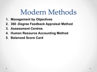 Modern Methods
1. Management by Objectives
2. 360 -Degree Feedback Appraisal Method
3. Assessment Centres
4. Human Resource Accounting Method
5. Balanced Score Card
 