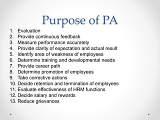 Purpose of PA
1. Evaluation
2. Provide continuous feedback
3. Measure performance accurately
4. Provide clarity of expectation and actual result
5. Identify area of weakness of employees
6. Determine training and developmental needs
7. Provide career path
8. Determine promotion of employees
9. Take corrective actions
10. Decide retention and termination of employees
11. Evaluate effectiveness of HRM functions
12. Decide salary and rewards
13. Reduce grievances
 