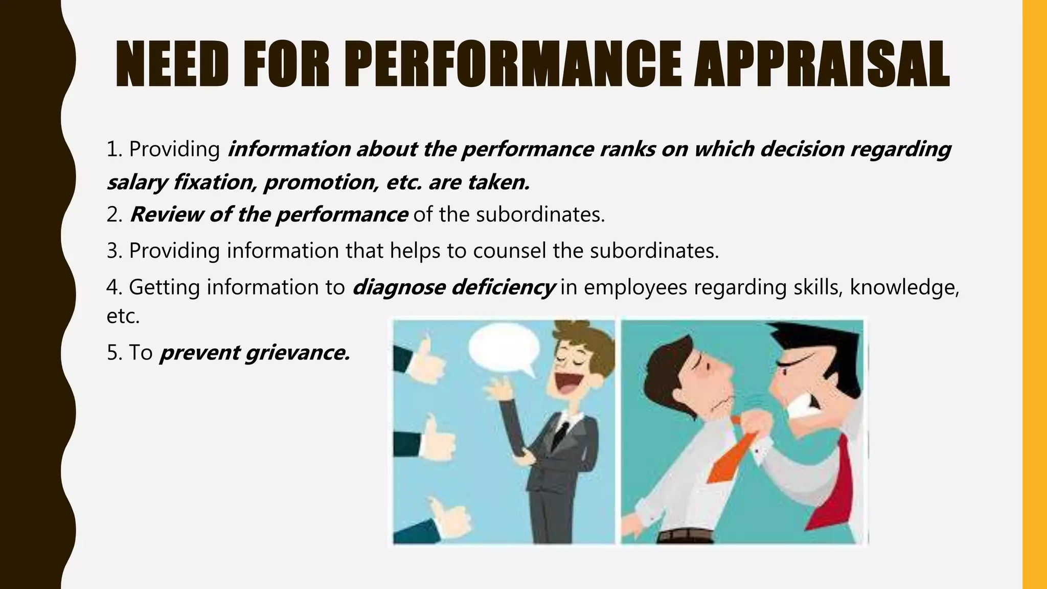 NEED FOR PERFORMANCE APPRAISAL
1. Providing information about the performance ranks on which decision regarding
salary fixation, promotion, etc. are taken.
2. Review of the performance of the subordinates.
3. Providing information that helps to counsel the subordinates.
4. Getting information to diagnose deficiency in employees regarding skills, knowledge,
etc.
5. To prevent grievance.
 