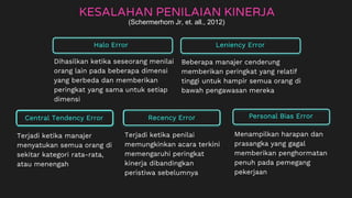 Halo Error
KESALAHAN PENILAIAN KINERJA
Dihasilkan ketika seseorang menilai
orang lain pada beberapa dimensi
yang berbeda dan memberikan
peringkat yang sama untuk setiap
dimensi
Leniency Error
Beberapa manajer cenderung
memberikan peringkat yang relatif
tinggi untuk hampir semua orang di
bawah pengawasan mereka
Central Tendency Error
Terjadi ketika manajer
menyatukan semua orang di
sekitar kategori rata-rata,
atau menengah
Personal Bias ErrorRecency Error
Menampilkan harapan dan
prasangka yang gagal
memberikan penghormatan
penuh pada pemegang
pekerjaan
Terjadi ketika penilai
memungkinkan acara terkini
memengaruhi peringkat
kinerja dibandingkan
peristiwa sebelumnya
(Schermerhorn Jr, et. all., 2012)
 