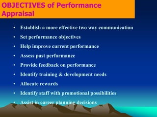 • Establish a more effective two way communication
• Set performance objectives
• Help improve current performance
• Assess past performance
• Provide feedback on performance
• Identify training & development needs
• Allocate rewards
• Identify staff with promotional possibilities
• Assist in career planning decisions
OBJECTIVES of Performance
Appraisal
 
