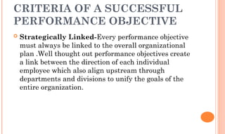 CRITERIA OF A SUCCESSFUL
PERFORMANCE OBJECTIVE
 Strategically Linked-Every performance objective
must always be linked to the overall organizational
plan .Well thought out performance objectives create
a link between the direction of each individual
employee which also align upstream through
departments and divisions to unify the goals of the
entire organization.
 