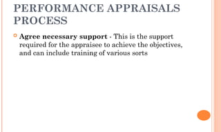 PERFORMANCE APPRAISALS
PROCESS
 Agree necessary support - This is the support
required for the appraisee to achieve the objectives,
and can include training of various sorts
 
