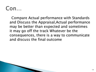 Compare Actual performance with Standards
and Discuss the Appraisal,Actual performance
may be better than expected and sometimes
it may go off the track Whatever be the
consequences, there is a way to communicate
and discuss the final outcome




                                               14
 