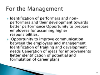    Identification of performers and non-
    performers and their development towards
    better performance Opportunity to prepare
    employees for assuming higher
    responsibilities.
    Opportunity to improve communication
    between the employees and management
    Identification of training and development
    needs Generation of ideas for improvements
    Better identification of potential and
    formulation of career plans


                                                 19
 