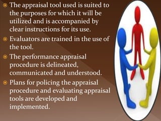  The appraisal tool used is suited to
the purposes for which it will be
utilized and is accompanied by
clear instructions for its use.
 Evaluators are trained in the use of
the tool.
 The performance appraisal
procedure is delineated,
communicated and understood.
 Plans for policing the appraisal
procedure and evaluating appraisal
tools are developed and
implemented.
 