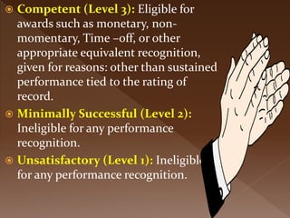  Competent (Level 3): Eligible for
awards such as monetary, non-
momentary, Time –off, or other
appropriate equivalent recognition,
given for reasons: other than sustained
performance tied to the rating of
record.
 Minimally Successful (Level 2):
Ineligible for any performance
recognition.
 Unsatisfactory (Level 1): Ineligible
for any performance recognition.
 