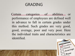 GRADING
Certain categories of abilities or
performance of employees are defined well
in advance to fall in certain grades under
this method. Such grades are very good,
good, average, poor and very poor. Here
the individual traits and characteristics are
identified.
 