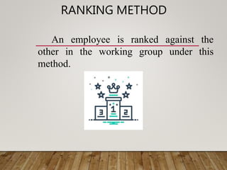 RANKING METHOD
An employee is ranked against the
other in the working group under this
method.
 