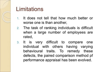 Limitations
1. It does not tell that how much better or
worse one is than another,
2. The task of ranking individuals is difficult
when a large number of employees are
rated,
3. It is very difficult to compare one
individual with others having varying
behavioural traits. To remedy these
defects, the paired comparison method pf
performance appraisal has been evolved.
 