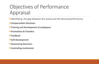 Objectives of Performance
Appraisal
Identifying the gap between the actual and the desired performance.
Compensation Decisions
Training and Development of employees
Promotions & Transfers
Feedback
Self-development
Downsizing Decisions
Controlling mechanism
 