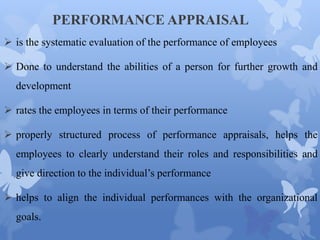PERFORMANCE APPRAISAL
 is the systematic evaluation of the performance of employees
 Done to understand the abilities of a person for further growth and
development
 rates the employees in terms of their performance
 properly structured process of performance appraisals, helps the
employees to clearly understand their roles and responsibilities and
give direction to the individual’s performance
 helps to align the individual performances with the organizational
goals.
 