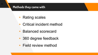 Methods they came with
34
▸ Rating scales
▸ Critical incident method
▸ Balanced scorecard
▸ 360 degree feedback
▸ Field review method
 