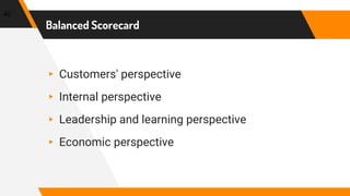 Balanced Scorecard
40
▸ Customers' perspective
▸ Internal perspective
▸ Leadership and learning perspective
▸ Economic perspective
 