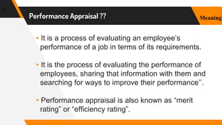 ▸It is a process of evaluating an employee’s
performance of a job in terms of its requirements.
▸It is the process of evaluating the performance of
employees, sharing that information with them and
searching for ways to improve their performance’’.
▸Performance appraisal is also known as “merit
rating” or “efficiency rating”.
5
Performance Appraisal ?? Meaning
 
