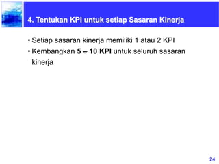 24
4. Tentukan KPI untuk setiap Sasaran Kinerja
• Setiap sasaran kinerja memiliki 1 atau 2 KPI
• Kembangkan 5 – 10 KPI untuk seluruh sasaran
kinerja
 