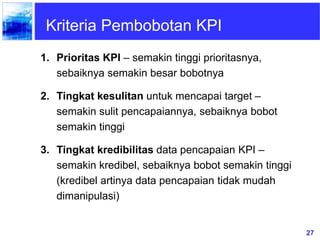 27
Kriteria Pembobotan KPI
1. Prioritas KPI – semakin tinggi prioritasnya,
sebaiknya semakin besar bobotnya
2. Tingkat kesulitan untuk mencapai target –
semakin sulit pencapaiannya, sebaiknya bobot
semakin tinggi
3. Tingkat kredibilitas data pencapaian KPI –
semakin kredibel, sebaiknya bobot semakin tinggi
(kredibel artinya data pencapaian tidak mudah
dimanipulasi)
 