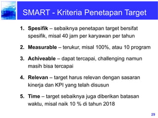 29
SMART - Kriteria Penetapan Target
1. Spesifik – sebaiknya penetapan target bersifat
spesifik, misal 40 jam per karyawan per tahun
2. Measurable – terukur, misal 100%, atau 10 program
3. Achiveable – dapat tercapai, challenging namun
masih bisa tercapai
4. Relevan – target harus relevan dengan sasaran
kinerja dan KPI yang telah disusun
5. Time – target sebaiknya juga diberikan batasan
waktu, misal naik 10 % di tahun 2018
 