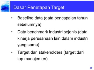 30
Dasar Penetapan Target
• Baseline data (data pencapaian tahun
sebelumnya)
• Data benchmark industri sejenis (data
kinerja perusahaan lain dalam industri
yang sama)
• Target dari stakeholders (target dari
top manajemen)
 