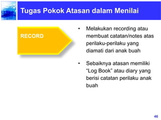 46
Tugas Pokok Atasan dalam Menilai
• Melakukan recording atau
membuat catatan/notes atas
perilaku-perilaku yang
diamati dari anak buah
• Sebaiknya atasan memiliki
“Log Book” atau diary yang
berisi catatan perilaku anak
buah
RECORD
 