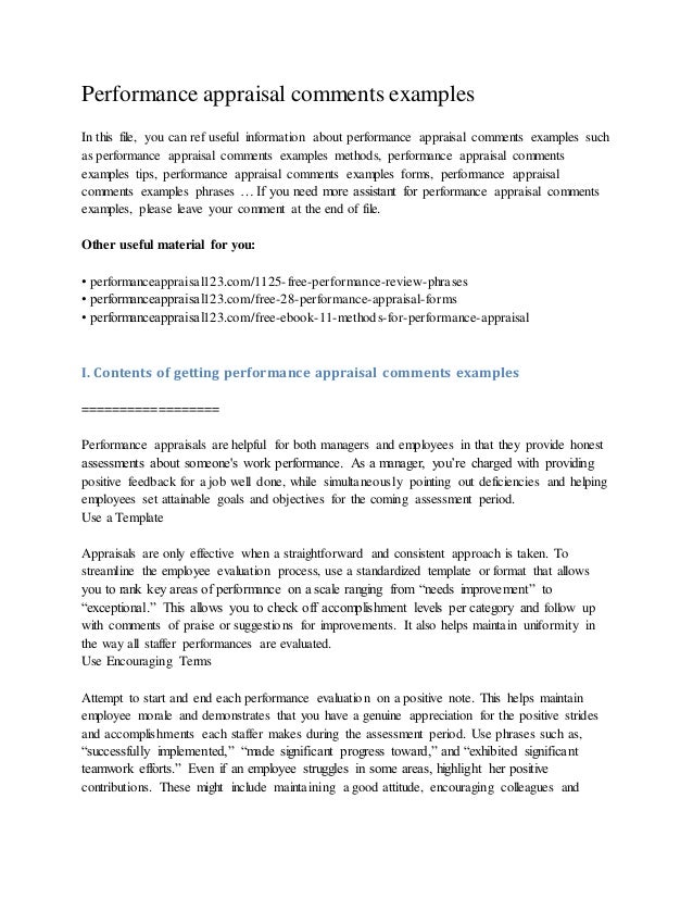 performance appraisal comments examples sample employee evaluations comments