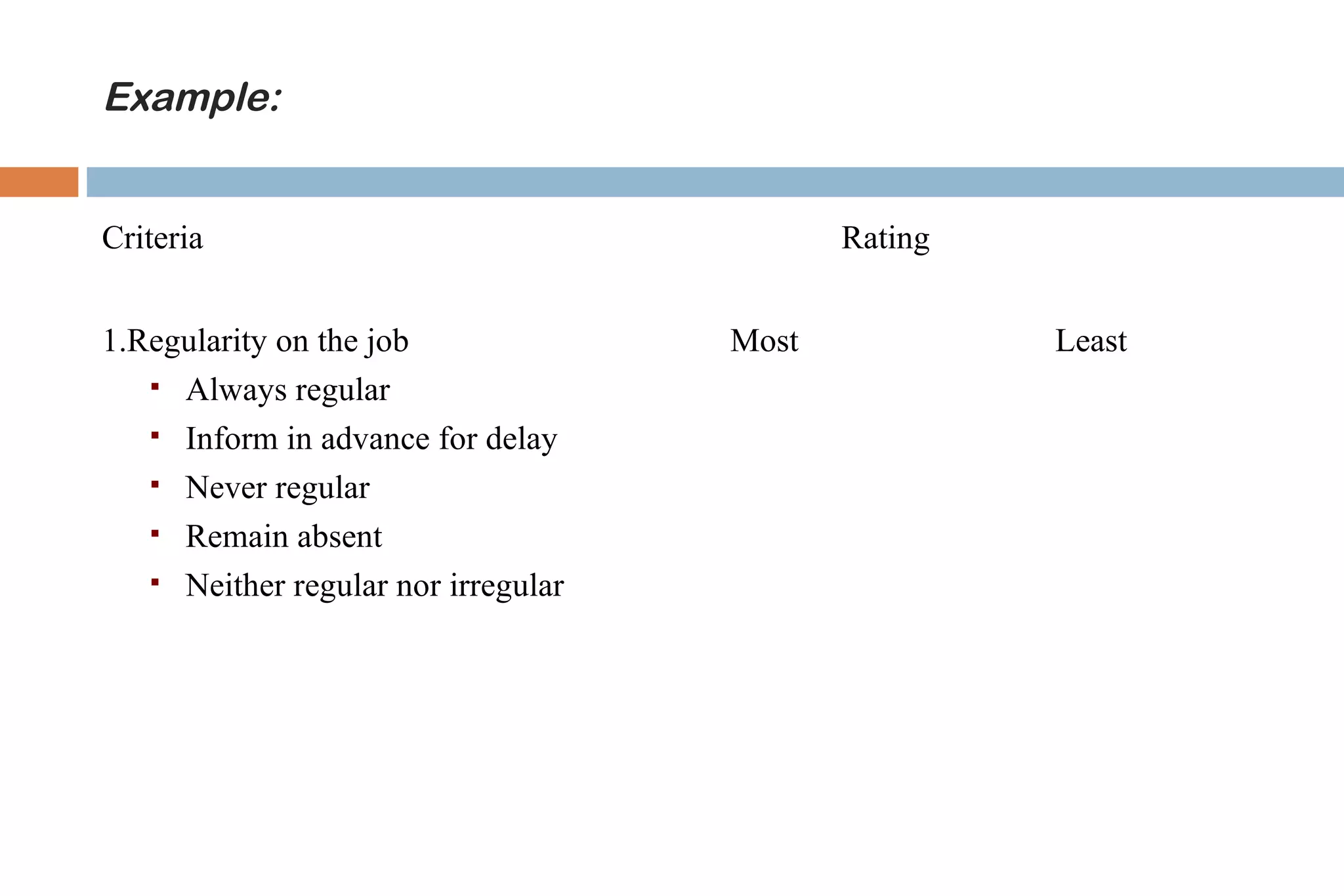 Example:


Criteria                                    Rating


1.Regularity on the job              Most            Least
    Always regular

    Inform in advance for delay

    Never regular

    Remain absent

    Neither regular nor irregular
 