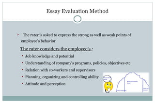 Essay Evaluation Method
 The rater is asked to express the strong as well as weak points of
employee’s behavior
The rater considers the employee’s :
 Job knowledge and potential
 Understanding of company’s programs, policies, objectives etc
 Relation with co-workers and supervisors
 Planning, organizing and controlling ability
 Attitude and perception
 