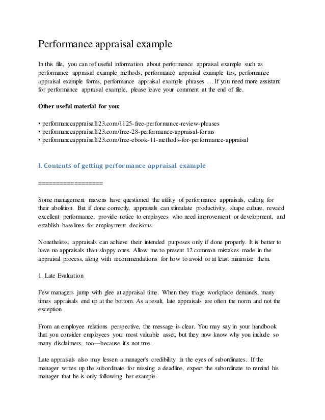 performance appraisal example performance appraisal template