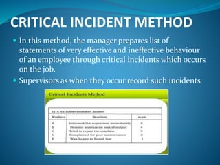 CRITICAL INCIDENT METHOD
 In this method, the manager prepares list of
statements of very effective and ineffective behaviour
of an employee through critical incidents which occurs
on the job.
 Supervisors as when they occur record such incidents
 