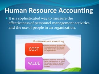 Human Resource Accounting
 It is a sophisticated way to measure the
effectiveness of personnel management activities
and the use of people in an organization.
 