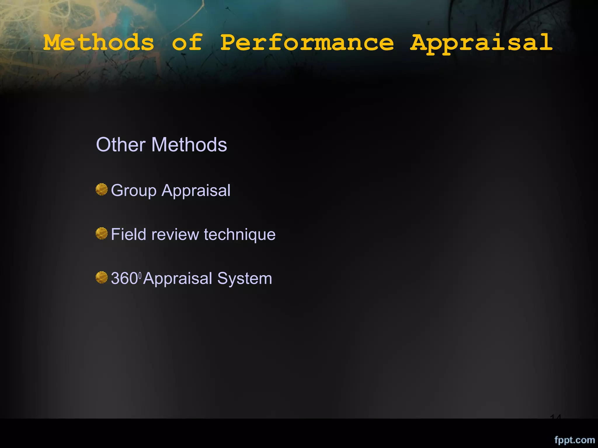 Methods of Performance Appraisal

Other Methods
Group Appraisal
Field review technique
3600 Appraisal System

14

 