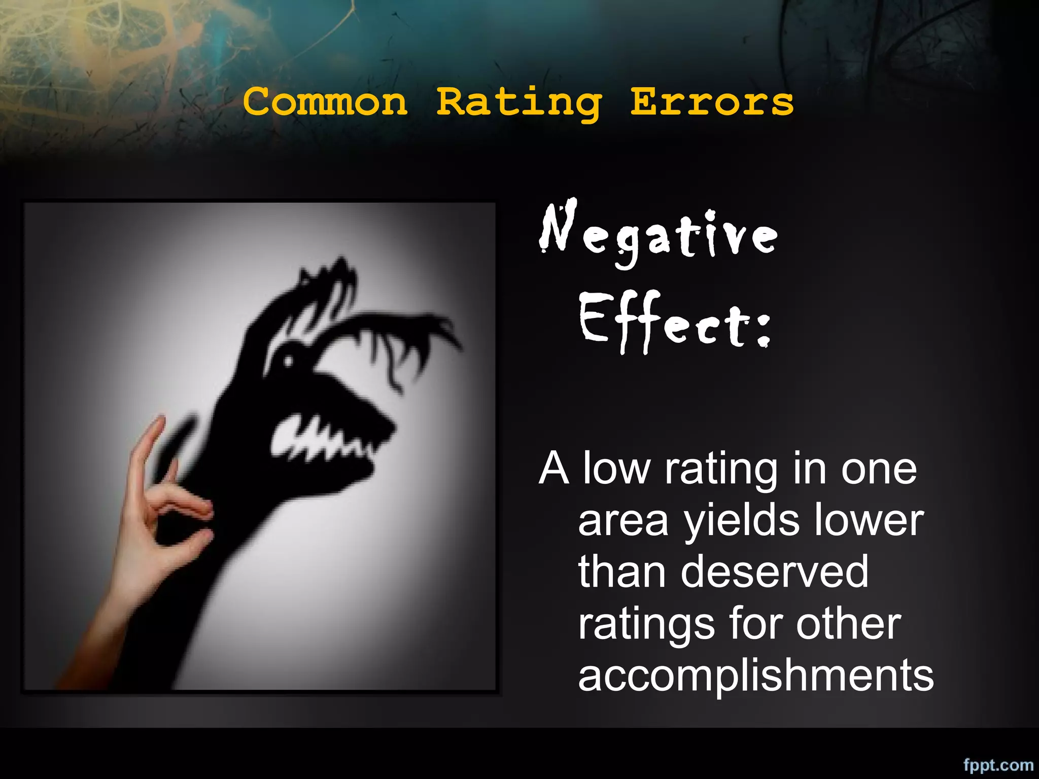 Common Rating Errors

Negative
Effect:
A low rating in one
area yields lower
than deserved
ratings for other
accomplishments

 