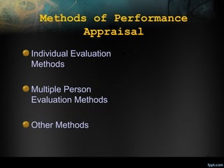 Methods of Performance
Appraisal
Individual Evaluation
Methods

• 

Multiple Person
Evaluation Methods
Other Methods

11

 