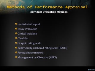 Methods of Performance Appraisal
Individual Evaluation Methods

Confidential report
Essay evaluation
Critical incidents
Checklist
Graphic rating scale
Behaviorally anchored rating scale (BARS)
Forced choice method
Management by Objective (MBO)
12

 