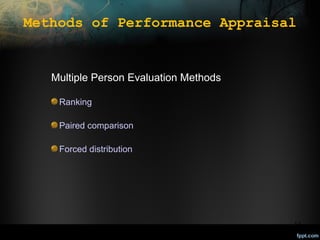 Methods of Performance Appraisal

Multiple Person Evaluation Methods
Ranking
Paired comparison
Forced distribution

13

 