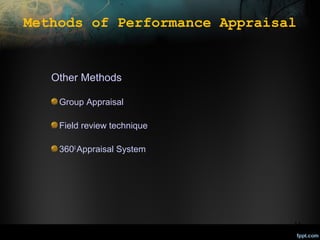 Methods of Performance Appraisal

Other Methods
Group Appraisal
Field review technique
3600 Appraisal System

14

 