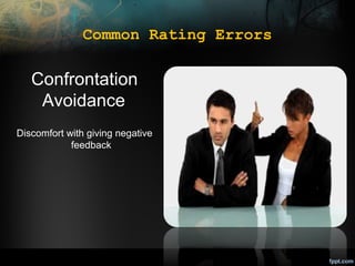 Common Rating Errors

Confrontation
Avoidance
Discomfort with giving negative
feedback

 