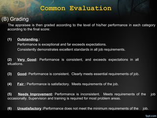 Common Evaluation
(B) Grading
The appraisee is then graded according to the level of his/her performance in each category
according to the final score:
(1)

Outstanding :
Performance is exceptional and far exceeds expectations.
Consistently demonstrates excellent standards in all job requirements.

(2)
Very Good: Performance is consistent, and exceeds expectations in all
situations.
(3)

Good: Performance is consistent. Clearly meets essential requirements of job.

(4)

Fair : Performance is satisfactory. Meets requirements of the job.

(5)
Needs Improvement: Performance is inconsistent. Meets requirements of the
occasionally. Supervision and training is required for most problem areas.
(6)

Unsatisfactory :Performance does not meet the minimum requirements of the

job.

job

 