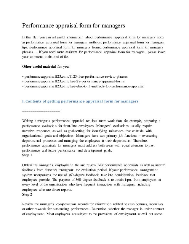 performance appraisal form for managers appraisel forms