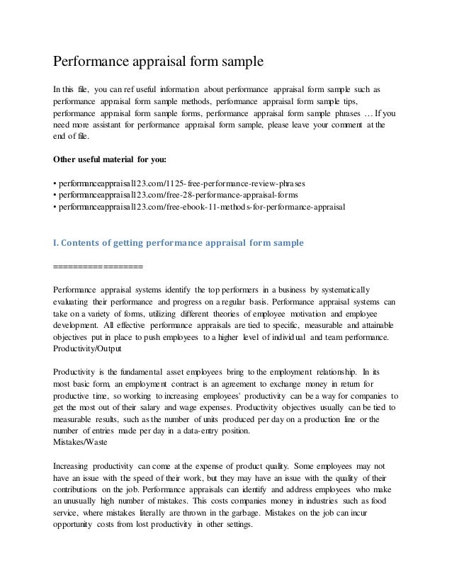 performance appraisal form sample performance appraisal form examples