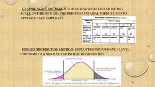 GRAPHIC SCALE METHOD: IT IS ALSO KNOWN AS LINEAR RATING
SCALE. IN THIS METHOD, THE PRINTED APPRAISAL FORM IS USED TO
APPRAISE EACH EMPLOYEE
FORCED DISTRIBUTION METHOD: EMPLOYEES PERFORMANCE LEVEL
CONFIRMS TO A NORMAL STATISTICAL DISTRIBUTION
 
