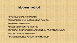 Modern method
• PSYCHOLOGICAL APPRAISALS
• BEHAVIOURAL ANCHORED RATING SCALES
• APPRAISAL INTERVIEW
• ASSESSMENT CENTRE METHOD
• APPRAISAL THROUGH MANAGEMENT BY OBJECTIVES (MBO)
• THE 360 DEGREE APPRAISAL
• HUMAN RESOURCE ACCOUNTING METHOD
 
