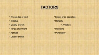 FACTORS
* Knowledge of work * Extent of co-operation
* Initiative * Honesty
* Quality of work * Ambition
* Target attainment * Discipline
* Aptitude * Punctuality
* Degree of skill
 