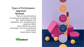 Types of Performance
Appraisal
Methods
There are several methods
of performance appraisal, including
360- degree feedback, self-
assessment, and management by
objectives (MBO).
Each method has unique
advantages and can be tailored to
meet speciﬁc
organizational needs.
 