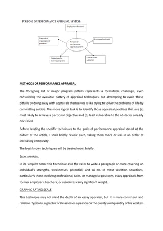 METHODS OF PERFORMANCE APPRAISAL
The foregoing list of major program pitfalls represents a formidable challenge, even
considering the available battery of appraisal techniques. But attempting to avoid these
pitfalls by doing away with appraisals themselves is like trying to solve the problems of life by
committing suicide. The more logical task is to identify those appraisal practices that are (a)
most likely to achieve a particular objective and (b) least vulnerable to the obstacles already
discussed.
Before relating the specific techniques to the goals of performance appraisal stated at the
outset of the article, I shall briefly review each, taking them more or less in an order of
increasing complexity.
The best-known techniques will be treated most briefly.
ESSAY APPRAISAL
In its simplest form, this technique asks the rater to write a paragraph or more covering an
individual's strengths, weaknesses, potential, and so on. In most selection situations,
particularly those involving professional, sales, or managerial positions, essay appraisals from
former employers, teachers, or associates carry significant weight.
GRAPHIC RATING SCALE
This technique may not yield the depth of an essay appraisal, but it is more consistent and
reliable. Typically, a graphic scale assesses a person on the quality and quantity of his work (is
 