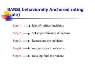 BARS( behaviorally Anchored rating scale) Step 1. Identify critical incidents Step 2. Select performance dimension Step 3. Retranslate the incidents Step 4. Assign scales to incidents Step 5. Develop final instrument 