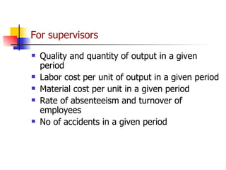 For supervisors Quality and quantity of output in a given period  Labor cost per unit of output in a given period Material cost per unit in a given period Rate of absenteeism and turnover of employees No of accidents in a given period 