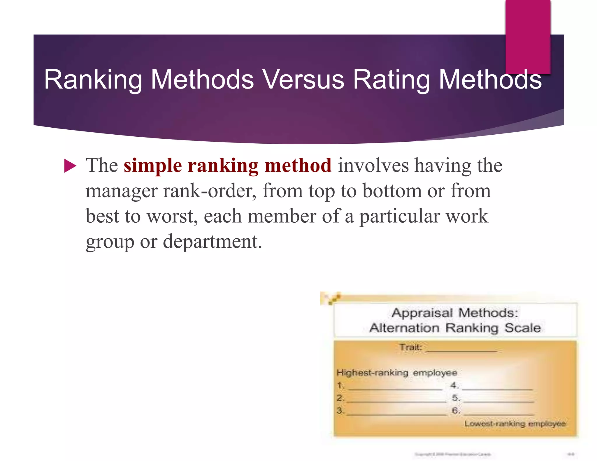 Ranking Methods Versus Rating Methods
 The simple ranking method involves having the
manager rank-order, from top to bottom or from
best to worst, each member of a particular work
group or department.
 