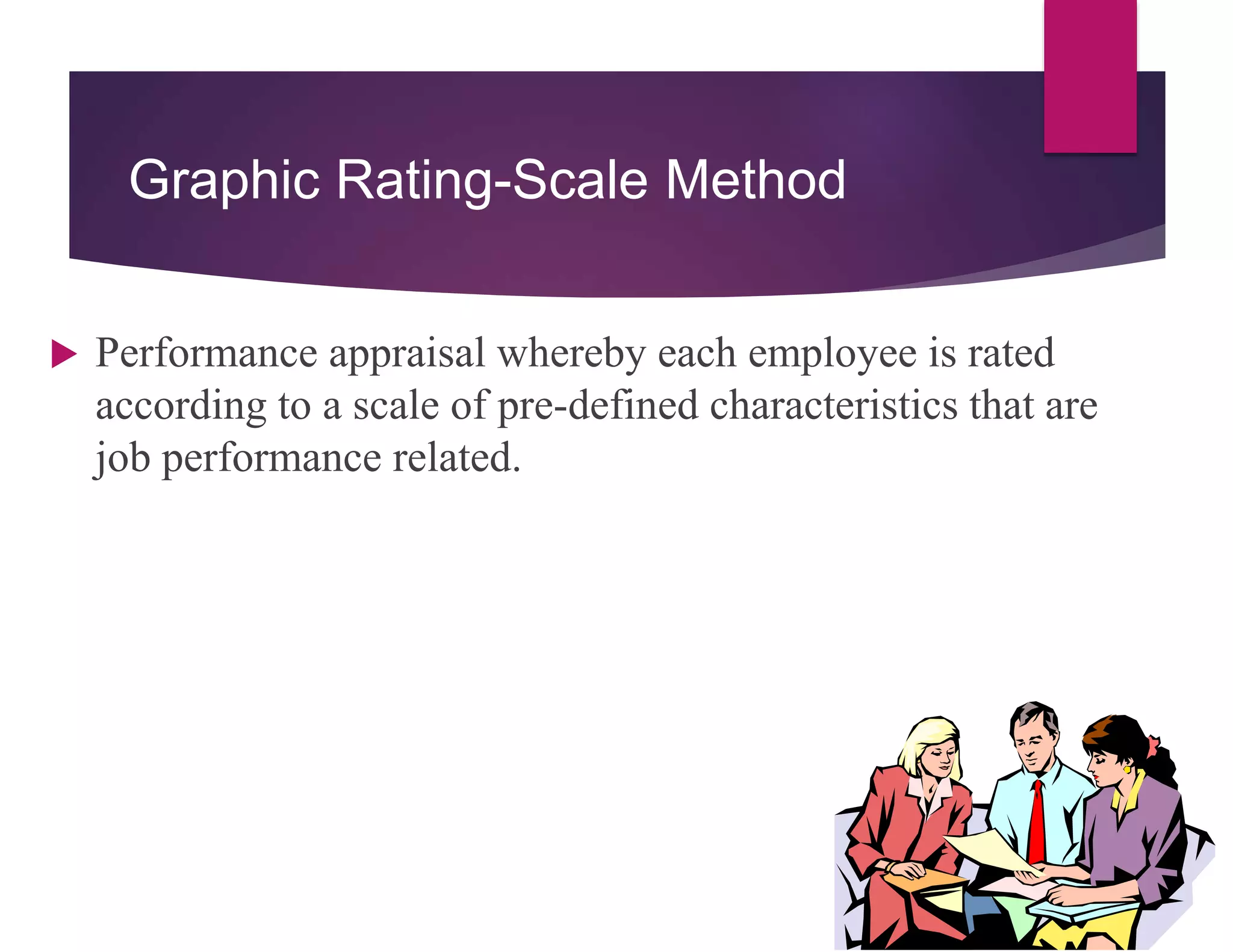 Graphic Rating-Scale Method
 Performance appraisal whereby each employee is rated
according to a scale of pre-defined characteristics that are
job performance related.
 